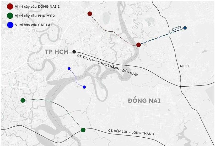 Vị trí đề xuất xây cầu Phú Mỹ 2 và Đồng Nai 2.