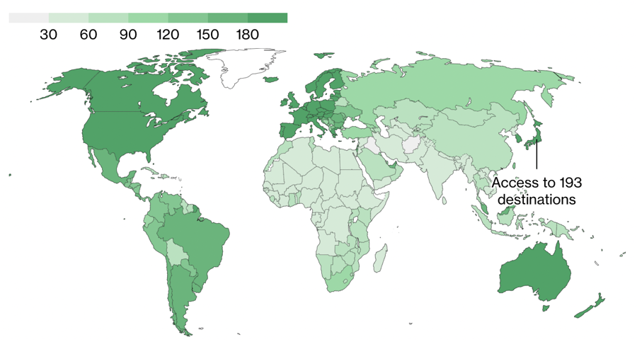 Độ đậm của màu xanh trên bản đồ phản ánh mức độ quyền lực của hộ chiếu quốc gia/vùng lãnh thổ, thể hiện qua số điểm đến mà người mang hộ chiếu có thể nhập cảnh không cần thị thực - Nguồn: Henley & Partners.