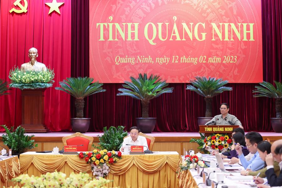 Thủ tướng Phạm Minh Ch&iacute;nh&nbsp;nhấn mạnh c&aacute;c tiềm năng, lợi thế, kh&aacute;c biệt của tỉnh Quảng Ninh - Ảnh: VGP