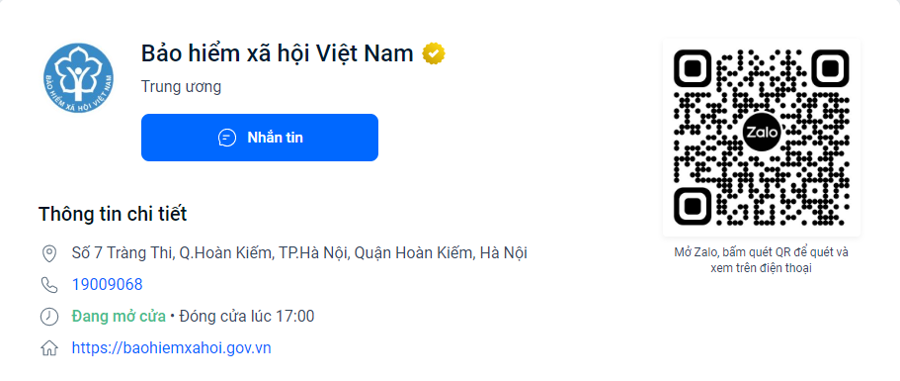 Trang mạng Zalo của Bảo hiểm x&atilde; hội Việt Nam.