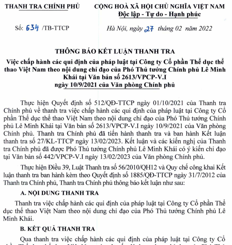 Kết luận thanh tra tại C&ocirc;ng ty Cổ phần Thể dục thể thao Việt Nam (Vinasport).