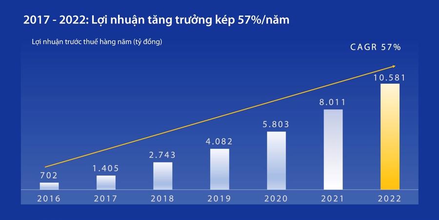 Tăng trưởng lợi nhuận h&agrave;ng năm, 2017-2022. Nguồn: BCTC, 2016-2022.