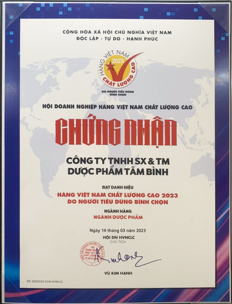 Dược phẩm T&acirc;m B&igrave;nh lần thứ 5 li&ecirc;n tiếp đạt chứng nhận "H&agrave;ng Việt Nam chất lượng cao".