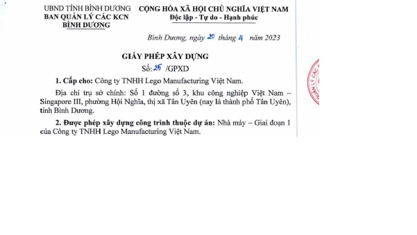 UBND tỉnh B&igrave;nh Dương cấp ph&eacute;p x&acirc;y dựng cho C&ocirc;ng ty TNHH LEGO Manufacturing Việt Nam.