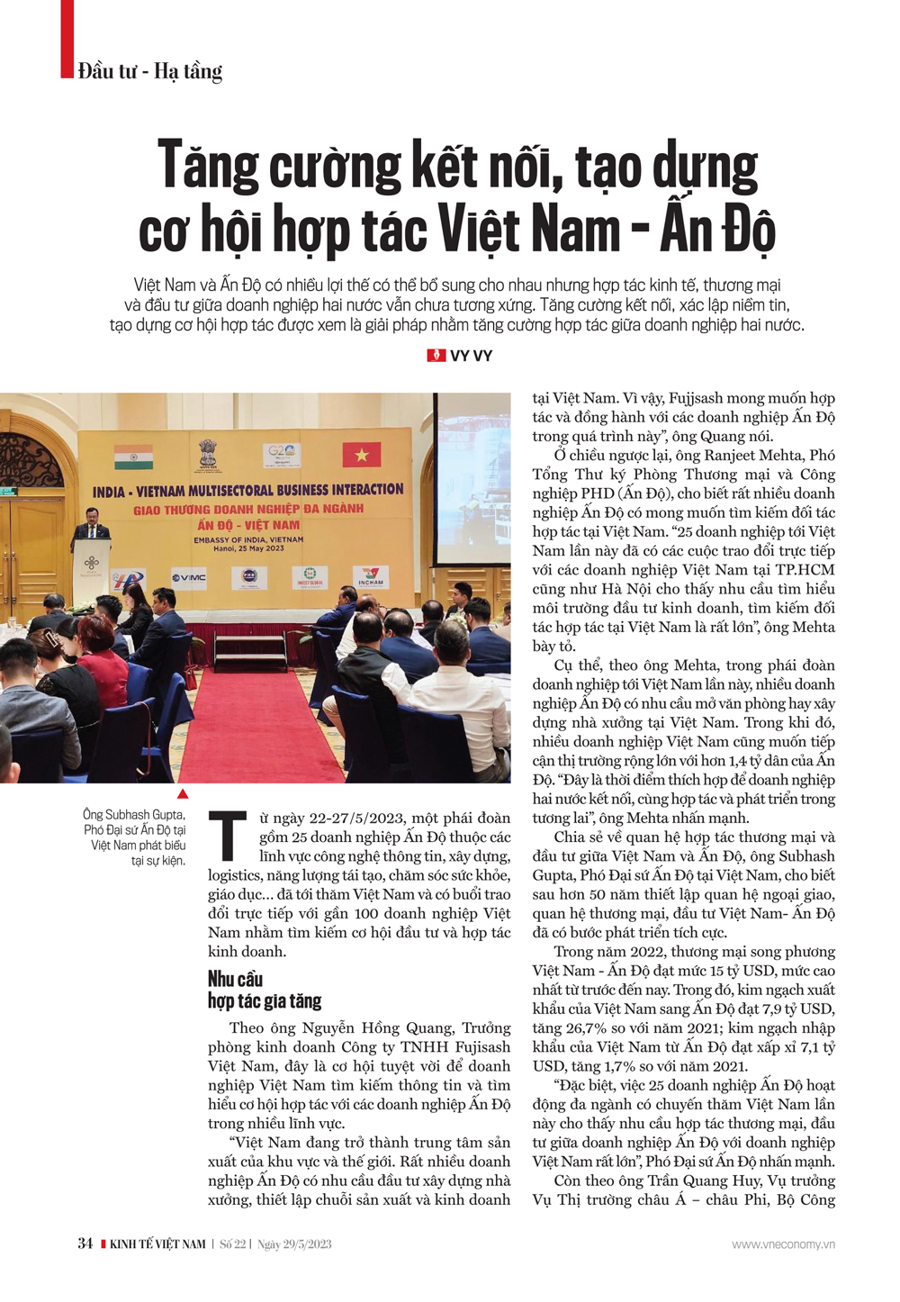Tăng cường kết nối, tạo dựng cơ hội hợp tác Việt Nam - Ấn Độ  - Ảnh 1