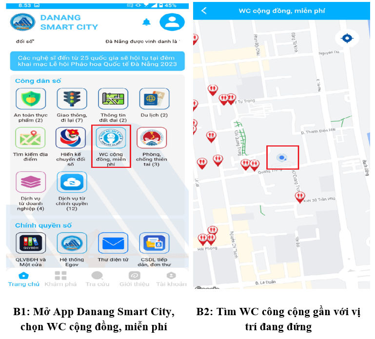 app Danang Smart City t&iacute;ch hợp sẵn chức năng chỉ đường cho người d&ugrave;ng dễ d&agrave;ng t&igrave;m đếm địa chỉ nh&agrave; vệ sinh gần nhất.