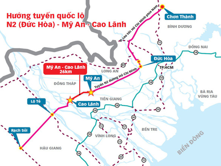 Hướng tuyến cao tốc Mỹ An - Cao L&atilde;nh trong l&yacute; tr&igrave;nh kết nối với tuyến N2 v&agrave; đường Hồ Ch&iacute; Minh.