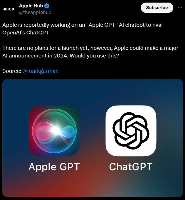Nguồn tin cho biết Apple đang triển khai chatbot AI Appe GPT để cạnh tranh với ChatGPT của Open AI. Hiện vẫn chưa c&oacute; kế hoạch ra mắt cụ thể song Apple c&oacute; thể sẽ c&oacute; m&agrave;n c&ocirc;ng bố bất ngờ v&agrave;o năm 2024