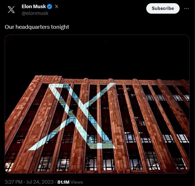 Trụ sở ch&iacute;nh của Twitter đ&atilde; được chiếu với logo mới. Nguồn: Twitter của Elon Musk