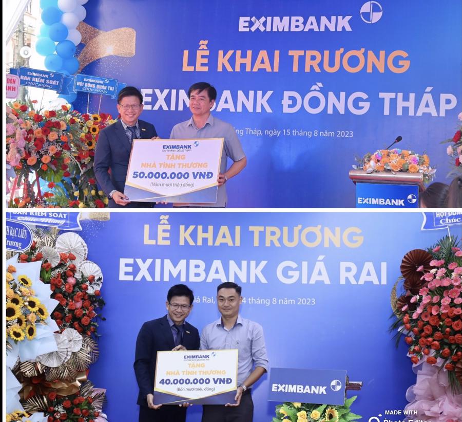 &Ocirc;ng B&ugrave;i Văn Đạo - Gi&aacute;m đốc Eximbank khu vực T&acirc;y Nam Bộ (b&ecirc;n tr&aacute;i) trao nh&agrave; t&igrave;nh thương cho đại diện phường Phường Hộ Ph&ograve;ng, Thị x&atilde; Gi&aacute; Rai (Bạc Li&ecirc;u) v&agrave; Hội chữ thập đỏ tỉnh Đồng Th&aacute;p.