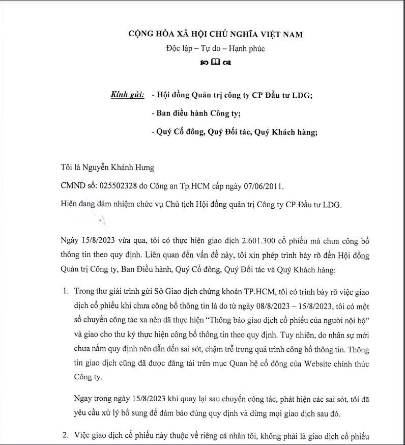 C&ocirc;ng văn giải tr&igrave;nh về việc b&aacute;n chui cổ phiếu của Chủ tịch LDG Nguyễn Kh&aacute;nh Hưng ng&agrave;y 17-08-2023.
