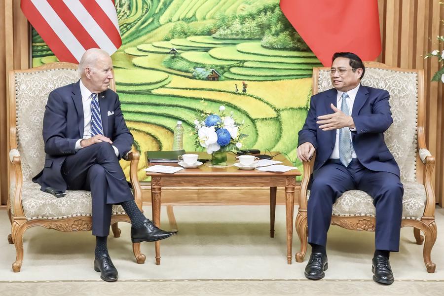 Thủ tướng Phạm Minh Ch&iacute;nh v&agrave; Tổng thống Hoa Kỳ Joe Biden tham dự "Hội nghị cấp cao Việt Nam - Hoa Kỳ về đầu tư v&agrave; đổi mới s&aacute;ng tạo.