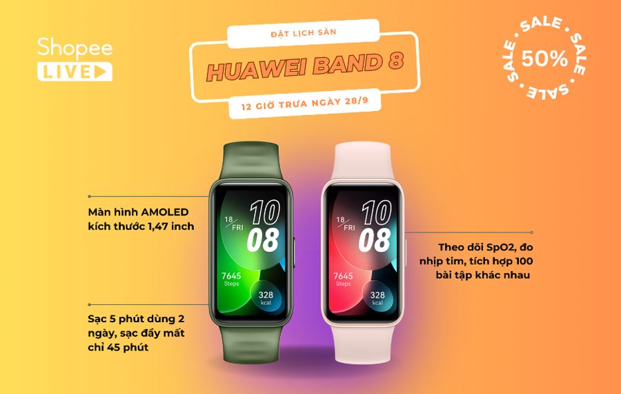 Huawei Band 8 l&agrave; smartwatch mỏng nhẹ, pin tốt với mức gi&aacute; d&ecirc;̃ tiếp cận. Sản ph&acirc;̉m đã rẻ lại càng rẻ hơn với ưu đãi đ&ocirc;̣c quy&ecirc;̀n giảm 50% chỉ có tr&ecirc;n Shopee Live 12H trưa nay.