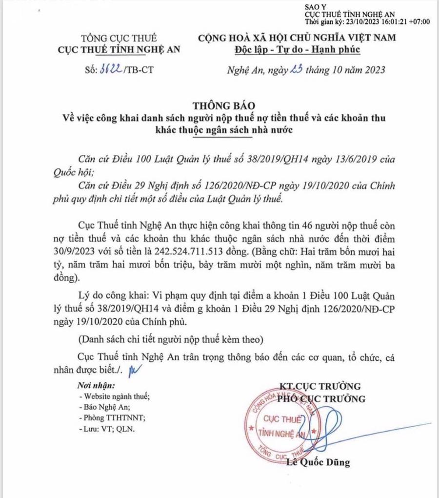Quyết định c&ocirc;ng khai danh s&aacute;ch người nộp thuế của Cục Thuế tỉnh Nghệ An