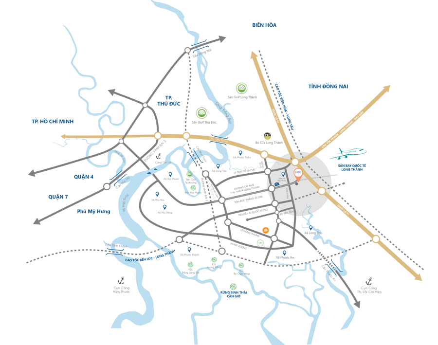 FIATO City directly connects with Long Thanh International Airport along National Route No. 51, the HCMC - Long Thanh - Dau Giay Expressway, and Ring Road No. 3.