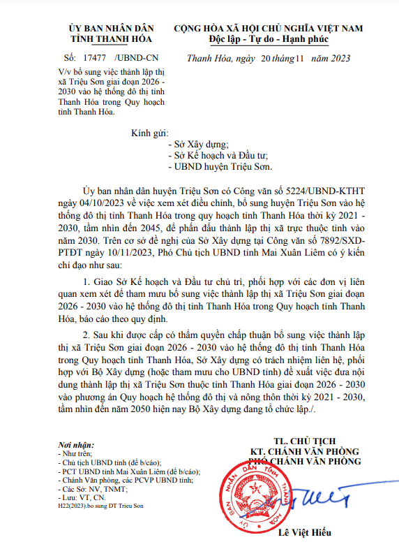 Văn bản số 17477/UBND-CN của UBND tỉnh Thanh H&oacute;a