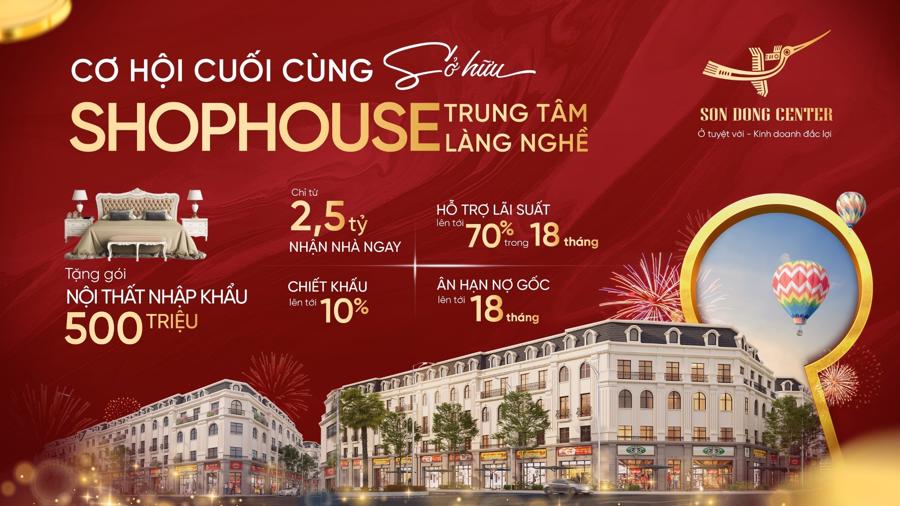 Ch&iacute;nh s&aacute;ch đặc biệt ưu đ&atilde;i d&agrave;nh cho 28 căn shophouse cuối c&ugrave;ng tại Sơn Đồng Center.