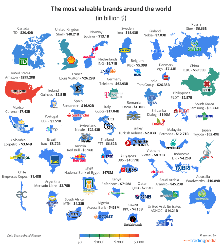 Bản đồ những thương hiệu c&oacute; gi&aacute; trị nhất tr&ecirc;n thế giới năm 2023 của TradingPedia.
