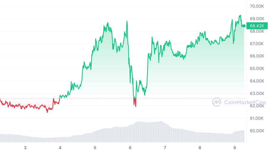 Diễn biến gi&aacute; bitcoin tuần n&agrave;y. Đơn vị: USD/bitcoin.