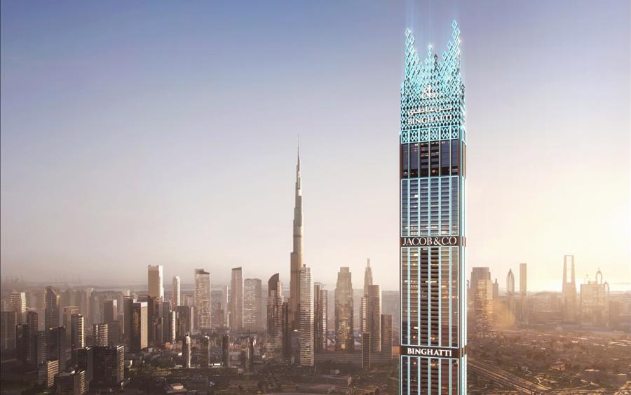 Th&aacute;p vương miện Burj Binghatti Jacob &amp; Co Residences tại trung t&acirc;m Dubai sở hữu chiều cao nổi bật v&agrave; vẻ đẹp ấn tượng.