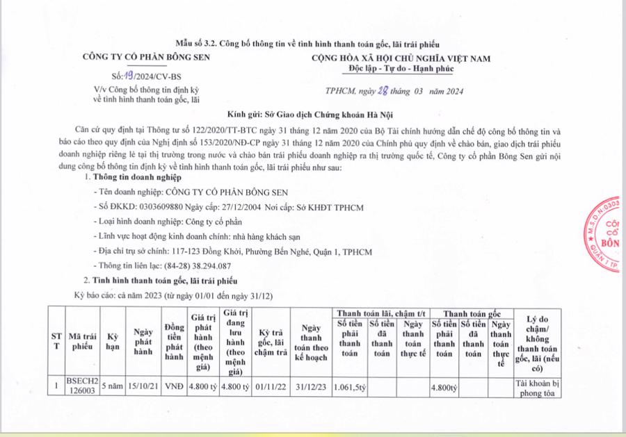 Bông Sen Corp chậm hơn 1.000 tỷ đồng trả lãi vay và lãi phạt cho lô trái phiếu - Ảnh 1