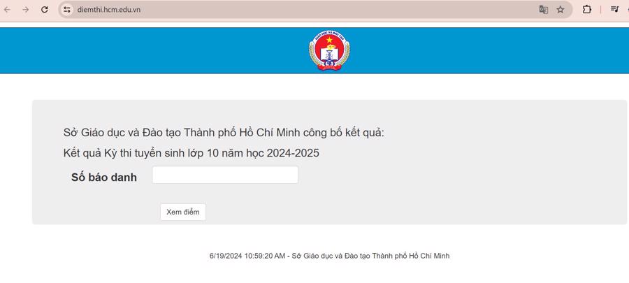 Giao diện website tra cứu điểm thi lớp 10 năm học 2024 - 2025 của Sở Gi&aacute;o dục v&agrave; Đ&agrave;o tạo Th&agrave;nh phố Hồ Ch&iacute; Minh - Ảnh chụp m&agrave;n h&igrave;nh.