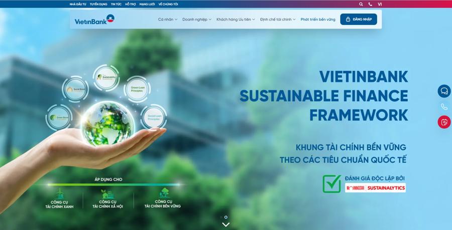 Website mới của VietinBank nổi bật yếu tố Phát triển bền vững.