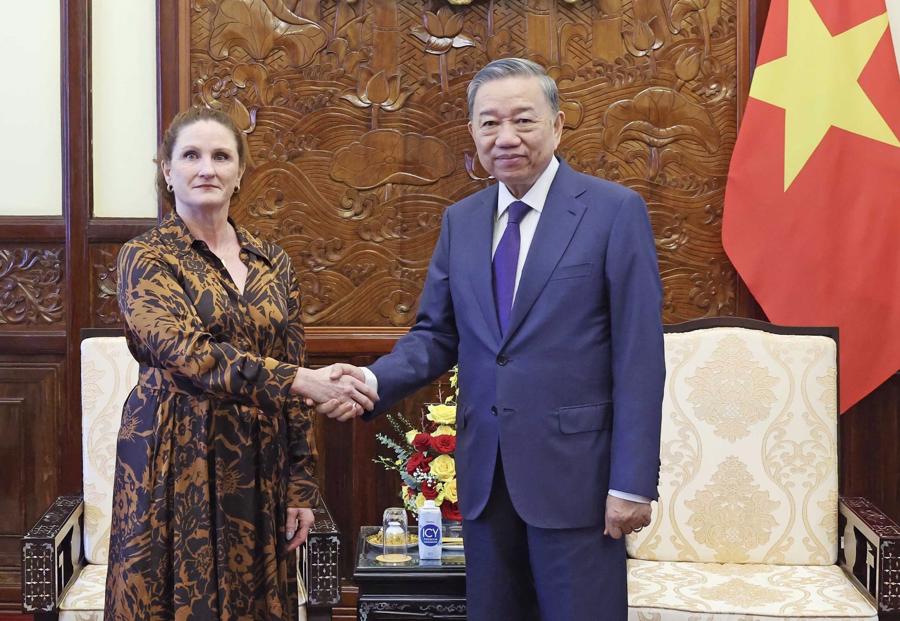 Ambassador&nbsp;Caroline Beresford during her meeting with President To Lam.