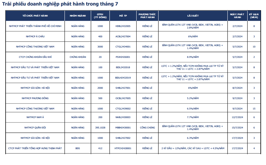 Chart showing the value of corporate bond issuances by sector in Vietnam from January to July 2024, with credit institutions leading at 67.5%, followed by real estate companies at 24%, and other enterprises at 8.5%.