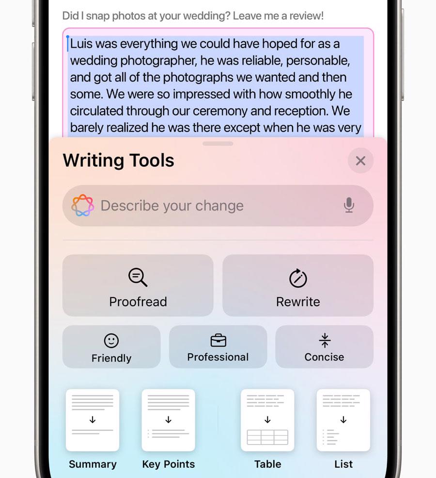 Writing Tools được t&iacute;ch hợp trong to&agrave;n bộ ứng dụng tr&ecirc;n iPhone.