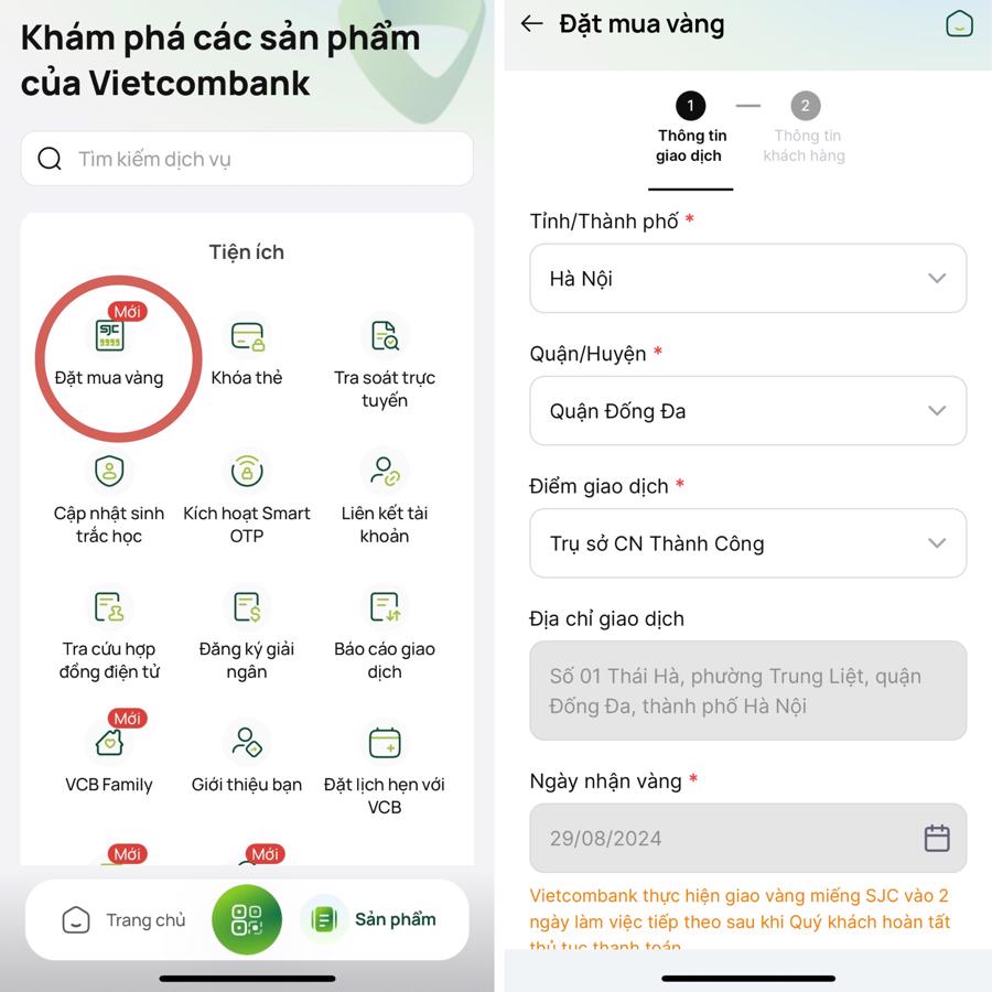 Tính năng đặt mua vàng trên ứng dụng VCB Digibank