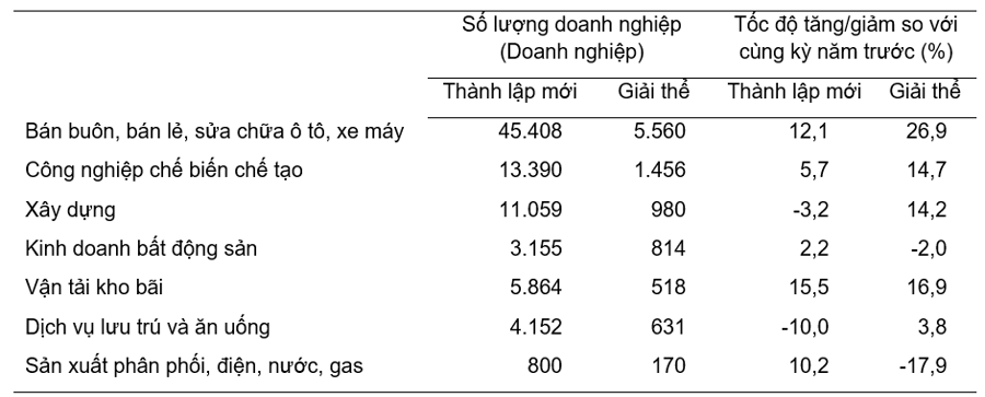 Doanh nghiệp th&agrave;nh lập mới v&agrave; giải thể 8 th&aacute;ng năm 2024 ph&acirc;n theo một số lĩnh vực hoạt động.