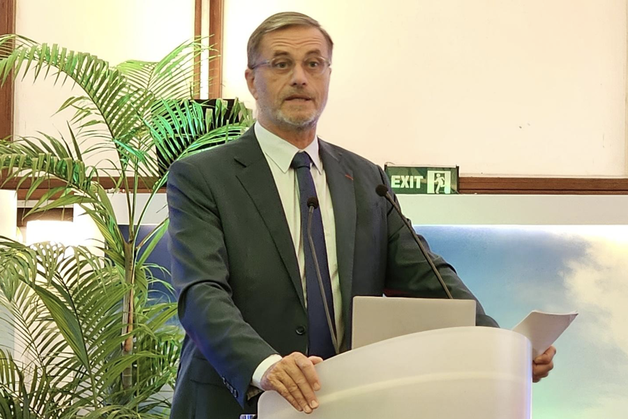 French Ambassador to Vietnam, H.E. Olivier Brochet, speaking at the press conference at the French Embassy. (Photo: Dinh Pham Tran)