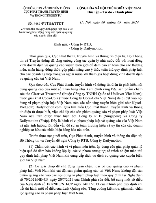 Yêu cầu hai công ty ngoại chấm dứt hành vi vi phạm quảng cáo xuyên biên giới - Ảnh 1