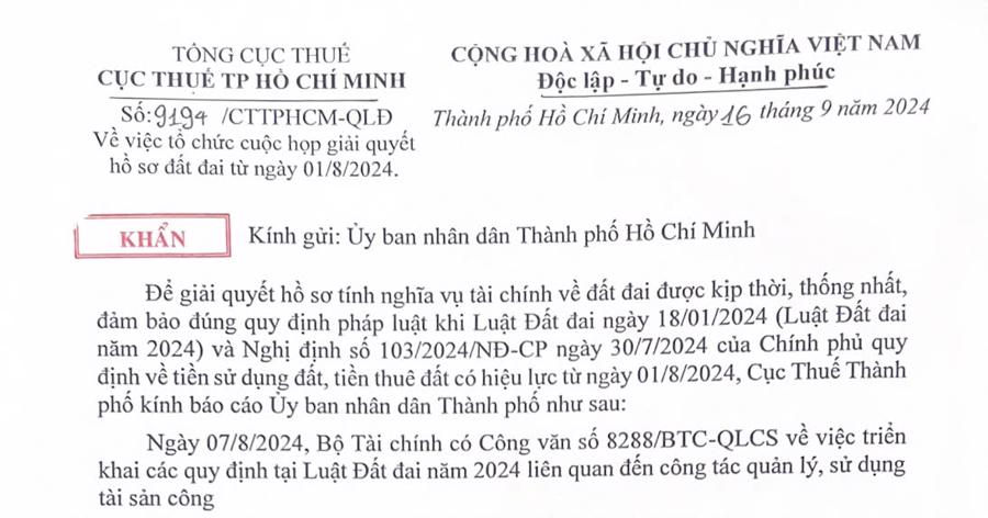 Văn bản khẩn của Cục Thuế TP.HCM.