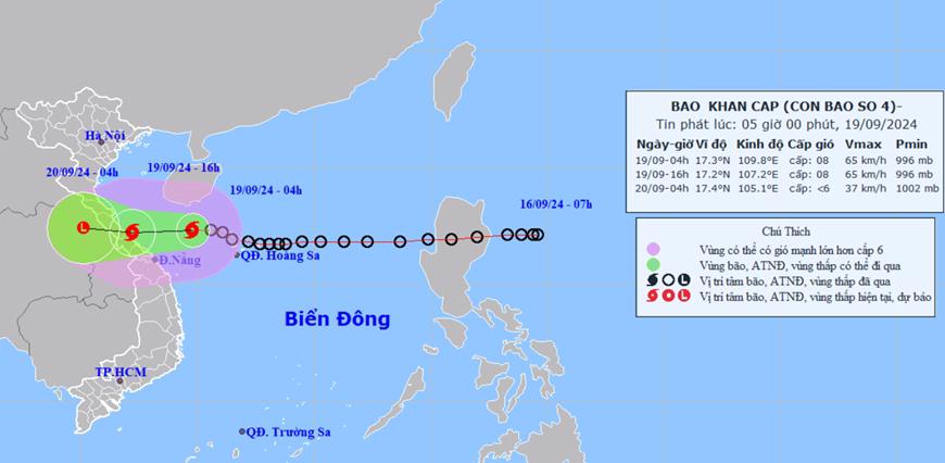 Đường đi của b&atilde;o số 4 l&uacute;c 5 giờ ng&agrave;y 19/9