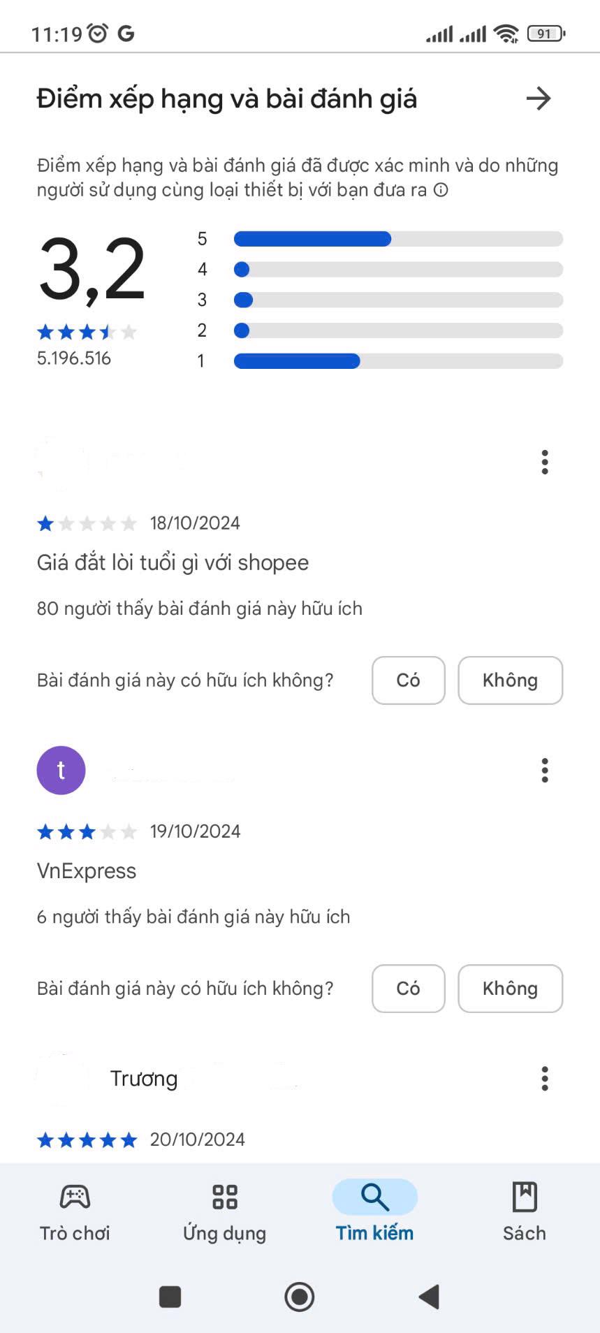 App Temu tr&ecirc;n Cửa h&agrave;ng Play c&oacute; hơn 5 triệu lượt đ&aacute;nh gi&aacute;, với mức điểm trung b&igrave;nh l&agrave; "3,2 sao". Ảnh chụp m&agrave;n h&igrave;nh