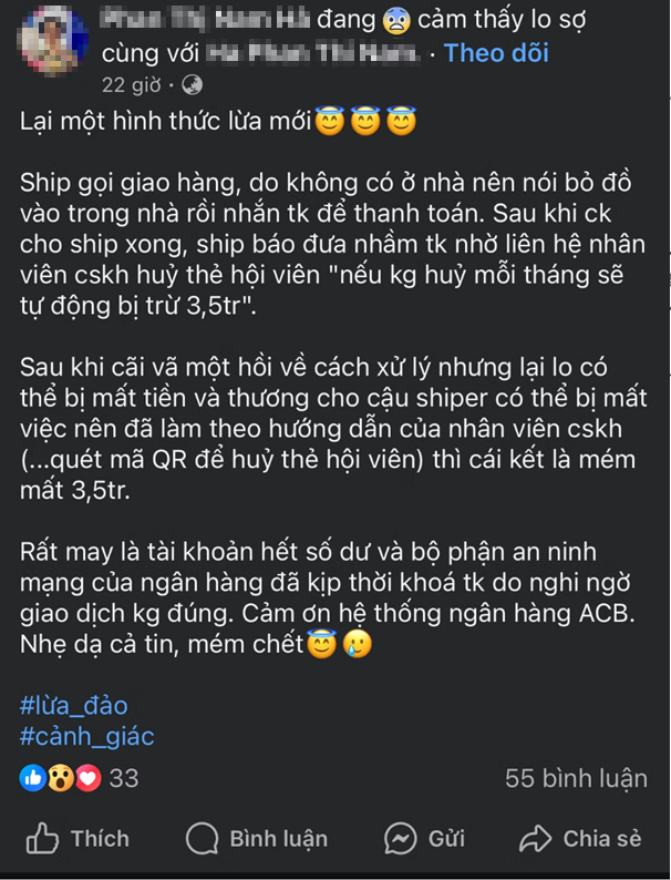 Kh&aacute;ch h&agrave;ng bị dẫn dụ lừa đảo nhưng kh&ocirc;ng mất tiền do hệ thống bảo mật ng&acirc;n h&agrave;ng chặn giao dịch tới t&agrave;i khoản nằm trong danh s&aacute;ch nghi ngờ.