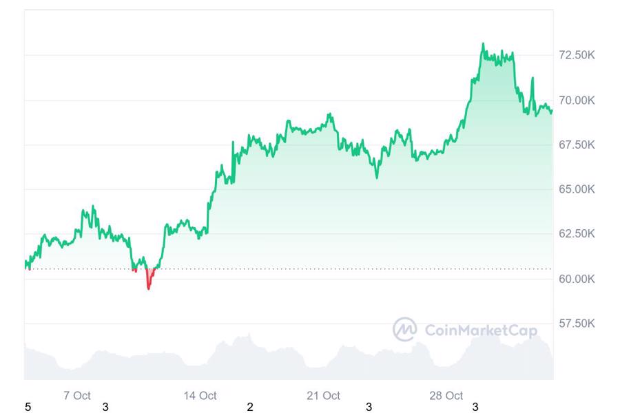 Diễn biến gi&aacute; Bitcoin trong 1 th&aacute;ng vừa qua.