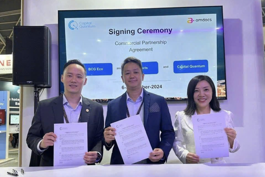 (From left to right) Mr. Tan Bo Quan (Andy), CEO of BCG Eco; Mr. Anthony Lau Hong Kay, Managing Director of Corects; and Ms. Sofia Cao, CEO of Capital Quantum, representing the three parties at the signing ceremony in Singapore.