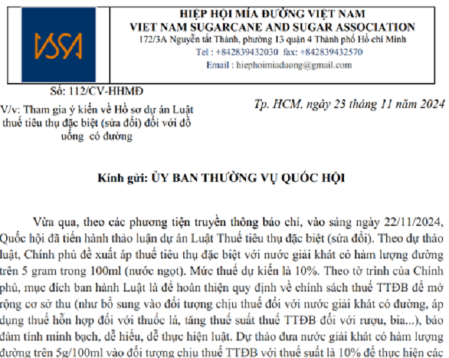 C&ocirc;ng văn của Hiệp hội M&iacute;a đường Việt Nam.