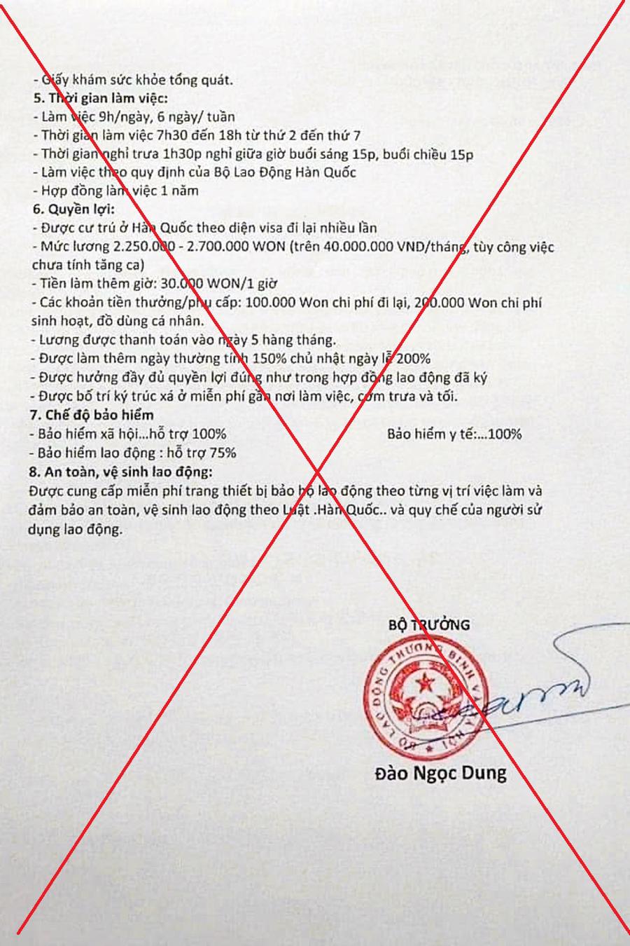 Đối tượng giả mạo văn bản c&oacute; chữ k&yacute; của Bộ trưởng Bộ Lao động - Thương binh v&agrave; X&atilde; hội. Nguồn: Trung t&acirc;m Lao động ngo&agrave;i nước.