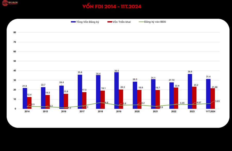 FDI v&agrave;o bất động sản 11 th&aacute;ng 2024 tăng trưởng ấn tượng (Nguồn: Rich Nguyen Academy).