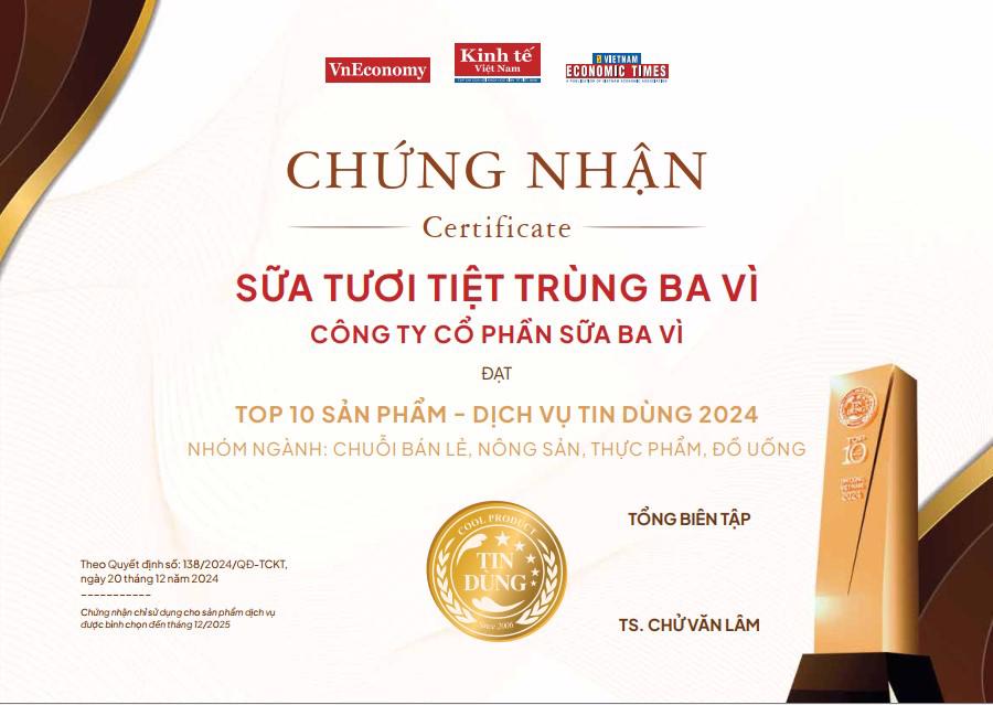 Chứng nhận Top 10 Sản phẩm - Dịch vụ Tin d&ugrave;ng 2024 nh&oacute;m ng&agrave;nh: Chuỗi b&aacute;n lẻ, n&ocirc;ng sản, thực phẩm, đồ uống.