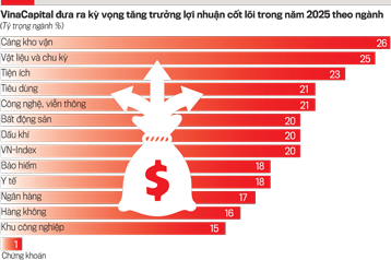 VinaCapital đưa ra kỳ vọng tăng trưởng lợi nhuận cốt l&otilde;i trong năm 2025 theo ng&agrave;nh&nbsp; (Tỷ trọng ng&agrave;nh %).