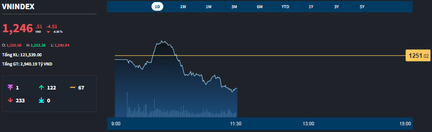 Thanh khoản gần như “đóng băng”, VN-Index trồi sụt quanh ngưỡng 1250 - Ảnh 1