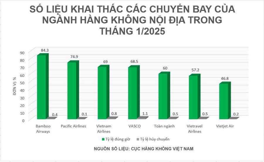 Số liệu khai th&aacute;c c&aacute;c chuyến bay của ng&agrave;nh h&agrave;ng kh&ocirc;ng nội địa trong th&aacute;ng 1/2025.