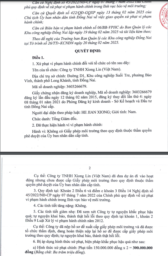 Một nhà đầu tư nước ngoài ở Đồng Nai bị phạt 300 triệu đồng vì không có giấy phép môi trường - Ảnh 1