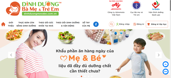 Giao diện Website Chương tr&igrave;nh Dinh dưỡng B&agrave; mẹ v&agrave; Trẻ em.