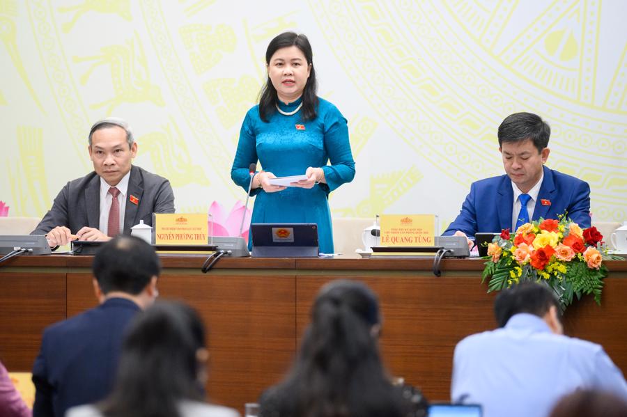 Phó Chủ nhiệm Ủy ban Pháp luật và Tư pháp Nguyễn Phương Thủy trao đổi tại buổi họp báo.